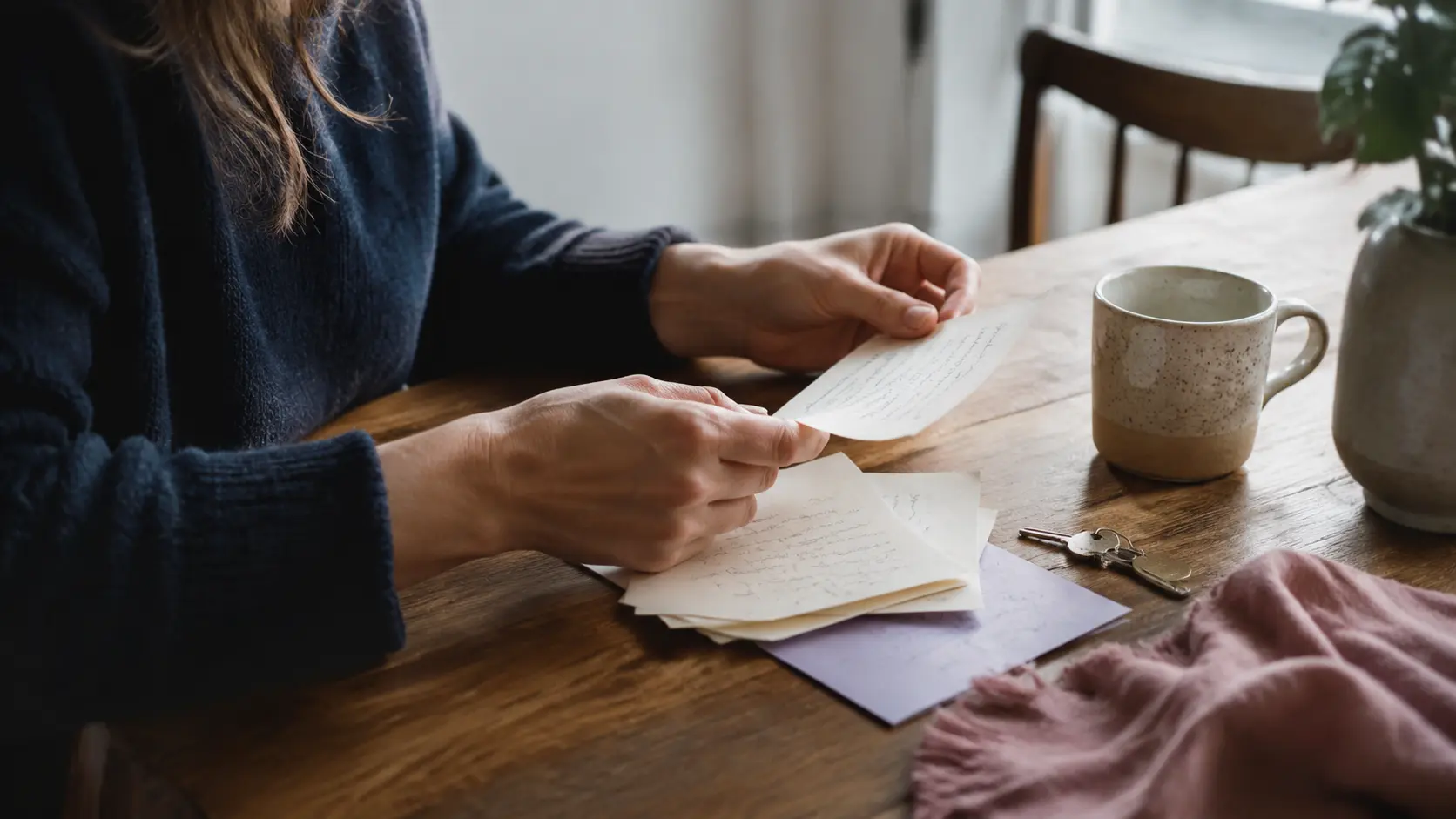 Des mains trient quelques notes près d’une tasse, dans la lumière du matin